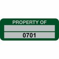 Lustre-Cal Property ID Label PROPERTY OF 5 Alum Green 2in x 0.75in 1 Blank Pad & Serialized 0701-0800, 100PK 253740Ma2G0701
